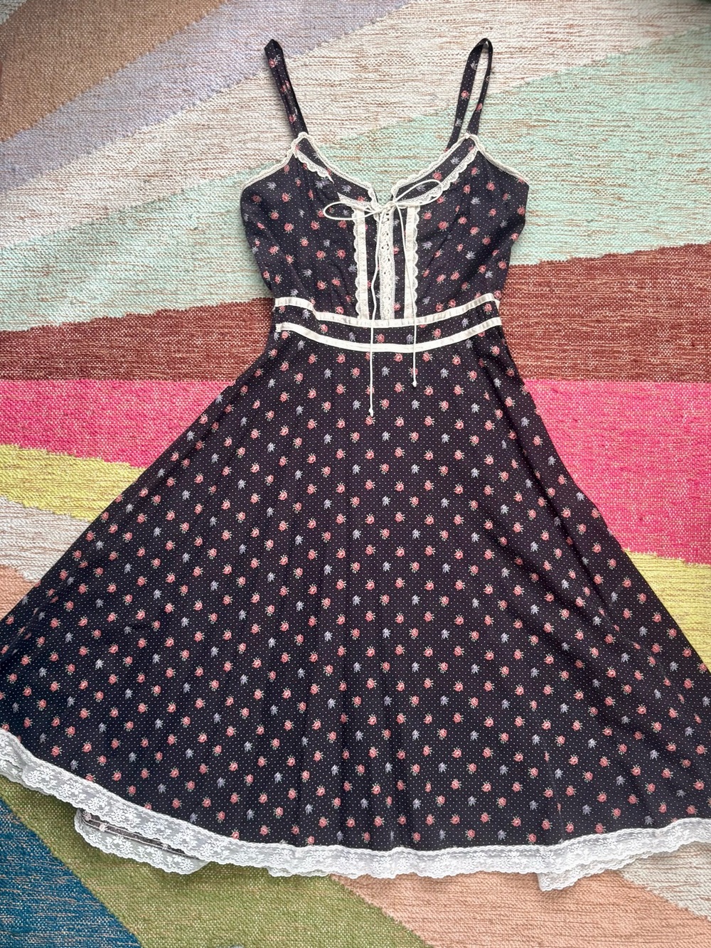 STUNNING!! GUNNE SAX Navy Floral Lace-Trim Midi Dress with Spaghetti Straps